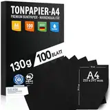 100 Stück Schwarz TONZEICHENpapier A4 – 130g stark – Schwarze Blätter – Bastel Bogen - Vollschwarz – Stabiles Zeichenpapier, Pappe zum Basteln, Zeichenkarton - DIY - Kreativ Zubehör für Fotoalben