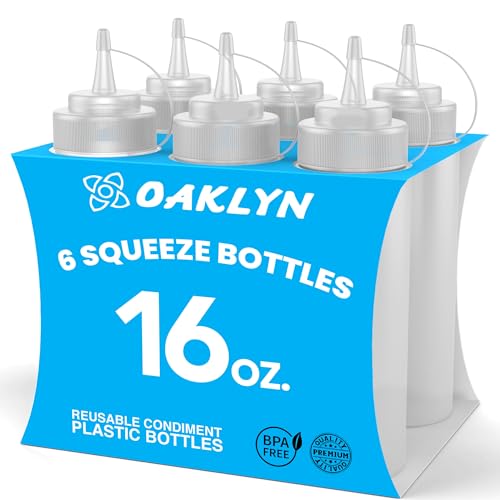 Oaklyn (6Pk 14 oz Plastic Bottle Dispensers, Spice Dosing Bottles with Twist-On Caps - Top Dispenser for Ketchup, Mustard, Mayo, Hot Sauces, Olive Oil - Compact, Bisphenol A (BPA) Free BBQ Set