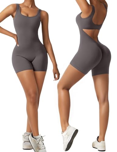 Vertvie Damen Jumpsuit Kurz Eng Scrunch Butt Bodysuit Sexy Rückenfrei Ärmellose Playsuit Stretch Sport Overall One Piece Ganzkörperanzug Romper Yoga Fitness Workout (Grau,M)