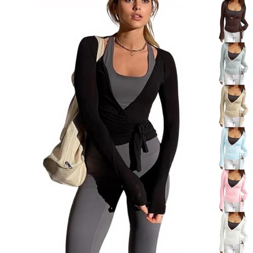 Damen Y2k Ballett Wickel Top Schwarz Langärmelig Tiefer V-Ausschnitt Schmale Passform Yoga Pilates Workout Bandage Weiches Shirt Einfarbig Blusen Tanzbekleidung Dancewear XS,S,M,L