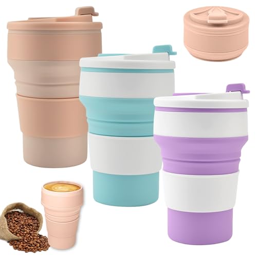 3 Stück Faltbecher Becher, Faltbarer Becher Silikon-Faltbecher 500ML Reise-Campingbecher, Tragbare Wasserbecher Faltbar, Bpa-Frei, Geeignet für Camping Outdoor-Wandern(Violett + Seeblau + Orange)