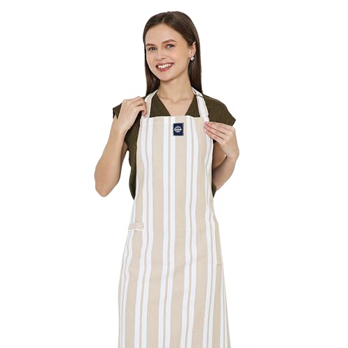 Encasa Homes Verstellbare Küchen Schürze mit Taschen und Handtuchhalter, 68x85 cm, recycelte Baumwolle, für Zuhause, Restaurant, Männer & Frauen, Kochen, Backen - Franca Beige Streifen