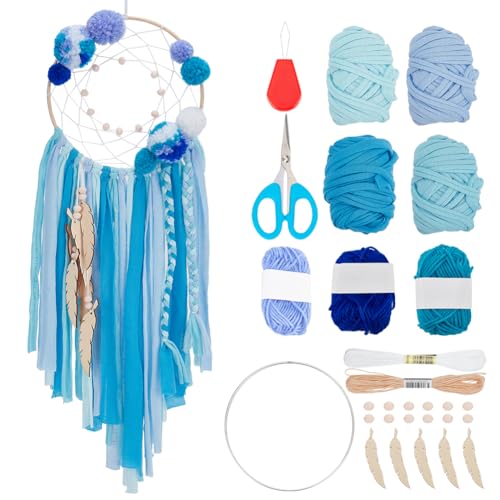 INFUNLY DIY Blaues Traumfänger-Set Zum Basteln Ihres Eigenen Traumfängers, Boho-Traumfänger-Bastelset, Traumfänger-Wandbehang-Set Mit Quasten Und Anleitung Für Schlafzimmer, Wanddekoration, Kinderzim