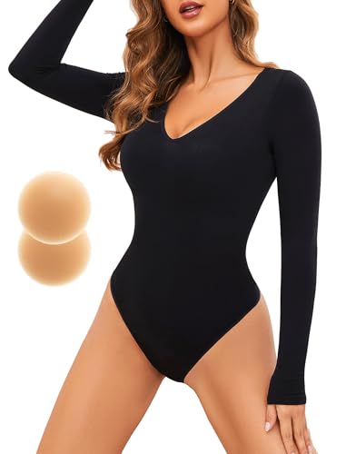 ZOEMAXIA Shapewear Damen Bodysuit String Langarm Shaping Bodysuit V-Ausschnitt Bauchweg Stark Figurformender Nahtlose Slimming Body Shaper Tanga Offenet Schrit, Schwarz, XL