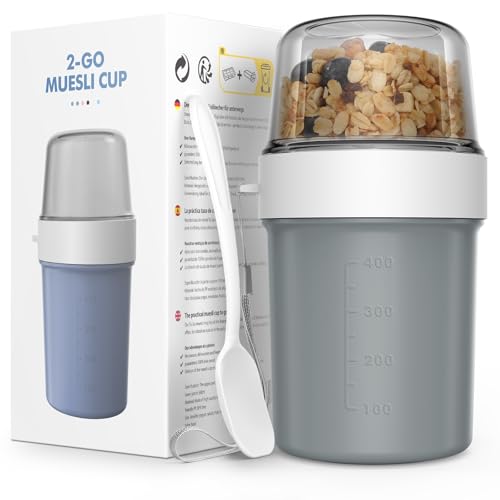 JSCORES Müslibecher to Go mit Löffel, 560ml+310ml Auslaufsicherer Joghurt to go becher für Unterwegs (Morandi Grau)