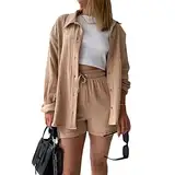 Geagodelia Damen Zweiteiler Elegant Hosenanzug Sommer Outfits Kleidung 2 Teiler Set Bluse Top + Shorts Y2k Aesthetic Clothes Loungewear Anzug (A - Khaki, M)