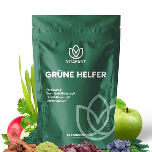 Vitafant - Grüne Helfer - Greens Pulver - Superfood Shake - Mit Spirulina, Gerstengras, Matcha, Chlorella & mehr - 30 Portionen