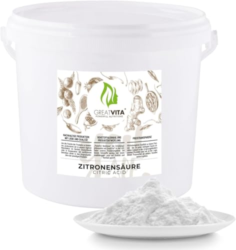 GreatVita Zitronensäure Monohydrat Pulver 5kg | Lebensmittelqualität, reine Citronensäure E330 | gentechnikfrei, Säuerungsmittel ideal zum Entkalken, Reinigen, Putzen, Backen, Kochen