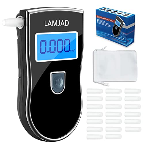 LAMJAD Professioneller Alkoholtester,Tragbarer Atemalkoholtester mit Blauem Hintergrundbeleuchtung LCD-Bildschirm und 20 Mundstücken,Promilletester für Den Persönlichen und Professionellen Gebrauch