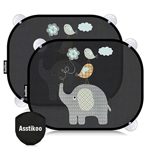 Asstikoo Auto Sonnenschutz Baby mit UV Schutz, 45x35.5cm Sonnenblende mit 8 Saugnäpfen, Autofenster Sonnenschutz für Kinder mit süßen Tier Motiven-2er Set