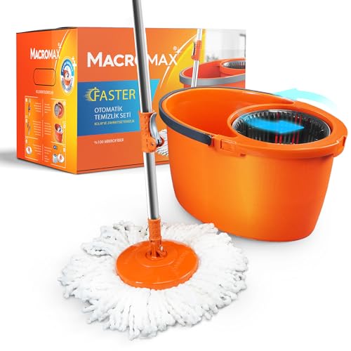 Macromax - Faster Automatic Spin Mop 16L Reinigungsset 100% Mikrofaser Mops - Teleskop-Drehgriff, automatische Wäsche & Abnehmbarer Trockenkorb, aus 90% recycelbarem Material (Spin Mop Set)