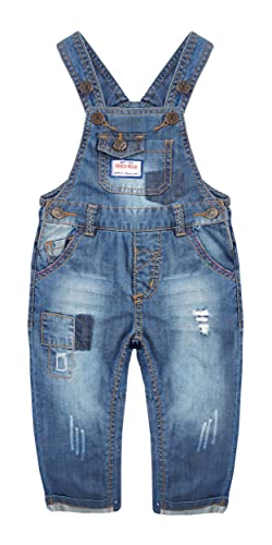 KIDSCOOL SPACE Baby & kleine Jungen Mädchen Große Latztasche Aufgesetzte Jeans-Latzhose aus gewaschener Baumwolle,Blau,3-4 Jahre