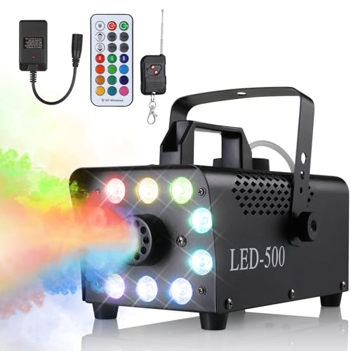 Nebelmaschine Mini, 500W Nebelmaschine, Smoke Machine mit 2 Kabelloser & 1 Kabelgebundener Fernbedienung, Fog Rauchmaschine mit 13 Farben 10 LED RGB Light, für Halloween Weihnachten DJ Disco Partys