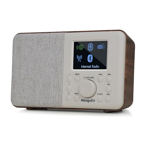 MangoKit SR10 Internet Radio mit DAB/DAB+,WiFi Radio mit Podcast Player,Smart DAB Radio mit Bluetooth,FM Radio,Küchenradios Netz und Batterie,Farbanzeige,Dual Alarms,Presets Unterstützung-Walnuss