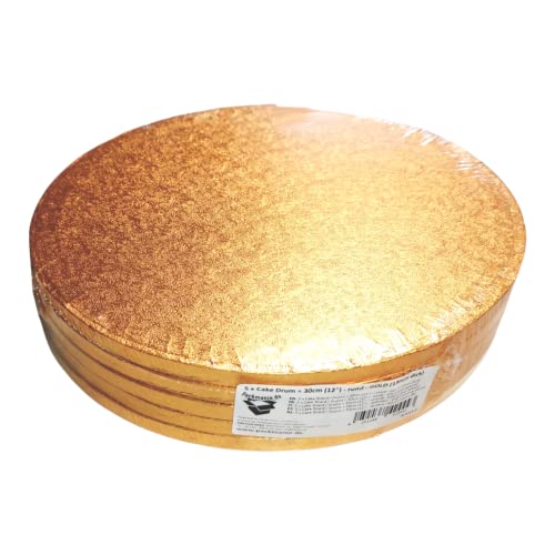 5 x Cake Drum PREMIUM 30 cm rund GOLD (13 mm bzw. 1,3 cm dick) | Lebensmittelecht | Tortenunterlage | Tortenplatte | Cakeboard | Kuchenunterlage | Kuchenuntersetzer | Kuchenplatte - PACKMANIA