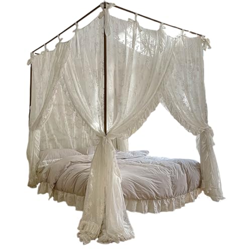 Dbvnnsy Baldachin-Bettvorhänge, 3-öffnete Spitzen-Prinzessin-Bett-Baldachin, 4-posthängendes Vorhänge mit Krawatten, Elegantes Schlafzimmer-Dekor für 4,92ft Betten