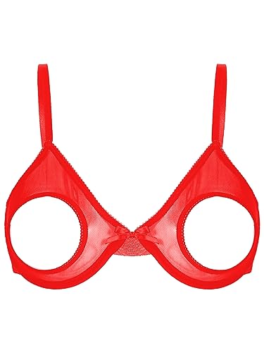 TiaoBug Damen Ouvert BH Erotik Bra Brustfreie Unterwäsche Spaghettiträger Bikinioberteil mit Cut-Outs Sexy Dessous Top Rot XXL