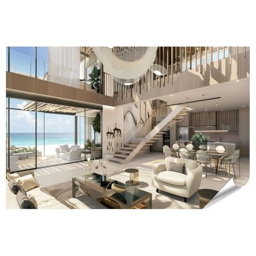 islandburner XXL Bild Poster Moderne Strandhaus Innenansicht mit Meerblick für Wohnzimmer Strandliebhaber Möbelgeschäft Premium Bilder Fotodruck