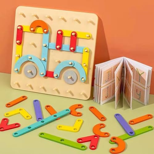 Stecktafel HolzPuzzle, Montessori Spielzeug für Kleinkinder im Alter von 3 4 5 Jahren, Buchstaben Zahlen Konstruktionspuzzle, pädagogisches Stapelblock Spielzeugset mit Musterkarten