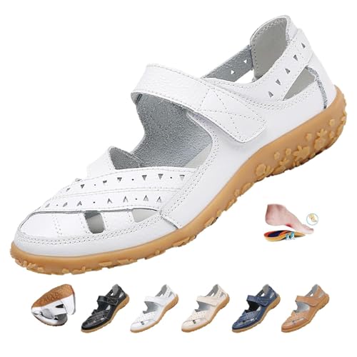 MAOAEAD Damen Orthopädische Sandalen Geschlossene Zehen Leder Gewebt Mary Jane Schuhe Bequeme Weiche Arbeit & Kleid Sandalen Rutschfeste Wanderschuhe, weiß, 44 EU