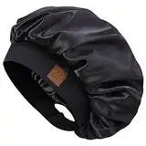 HAT HUT Schlafmütze aus Satin für Damen Herren, Seidenhaube Silk Bonnet Haarhaube, Verstellbares Breites Band, Doppellagig (Schwarz)