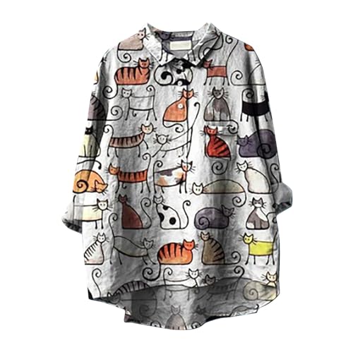 Damen-Shirt, Baumwoll-Leinen, langärmelig, Reverskragen, niedliche Grafik, Basic-T-Shirt, Herbst-T-Shirt, B-hot Pink, X-Groß