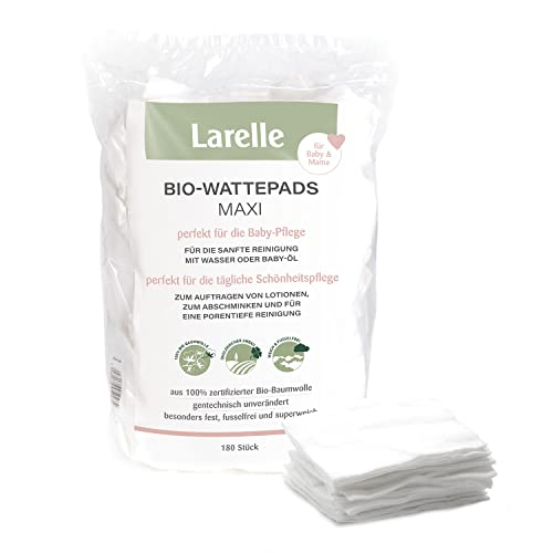 Larelle Bio-Wattepads Maxi für Mama & Baby, 180 Stück im Vorratspack, GOTS Ecocert, perfekt für die Baby-Pflege und die tägliche Schönheitspflege