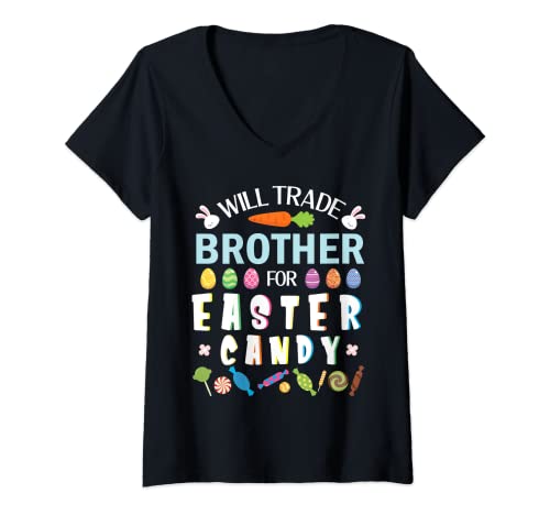 Damen Niedliches Hasengesicht, wird Bruder für Ostereier Süßigkeitenhandel T-Shirt mit V-Ausschnitt