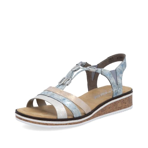 Rieker Damen Pantoletten V36G4, Frauen Slipper,Gartenschuhe,Sommerschuhe,sommerclogs,Schlupfschuhe,schluepfschuhe,Mules,blau Kombi (40),40 EU / 6.5 UK