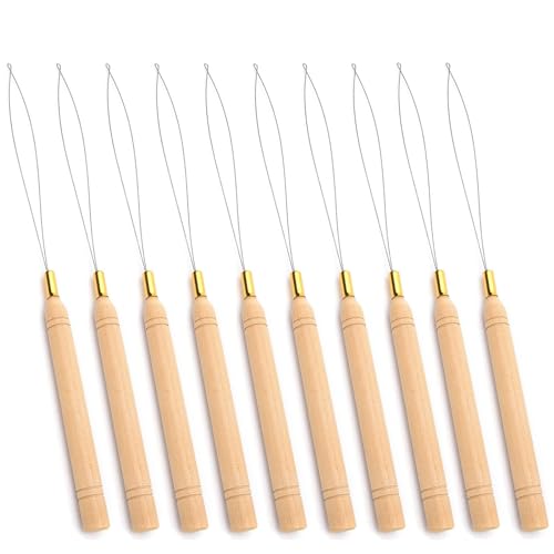 Holz Schleife Nadel Einfädler,10 PCS Haar Verlängerung Werkzeuge Holz Haar Verlängerung Schlaufe Nadel Ziehen Haken Perle Gerät Werkzeug für Haar und Feder Extensions