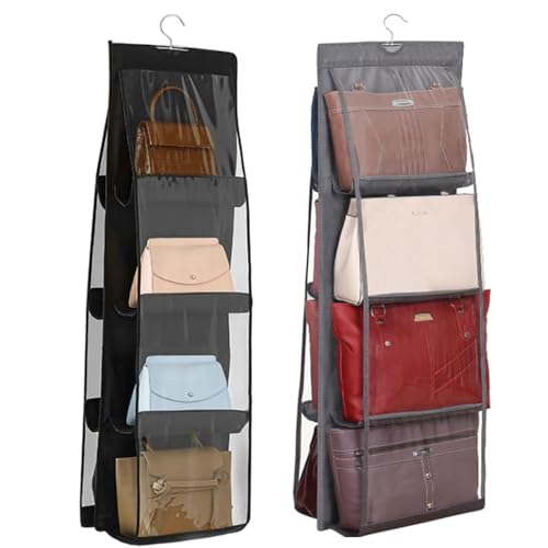 Handtaschen Aufbewahrung, 2 Stücke Handtaschen Organizer Hängend mit 8 Taschen, Transparentes Fenster Aufbewahrung Handtaschen für Familienschrank Schlafzimmer Geldbörsen Handtaschen 117x 35 cm Grau