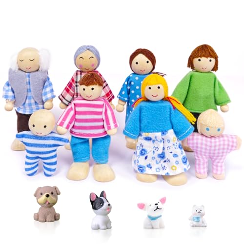 DUOCIYUAN Puppenhaus Puppen, 12 Stück Puppenhaus Figuren mit Katze und Hund Puppen Familie Set Holzpuppe Spielzeug für Kinder Puppenfamilien Biegepuppen für Puppenhaus Zubehör Geschenk