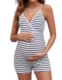 Brynmama Damen Umstandsmode Strampler Gestreifter Cami Overall Gestrickt Bodysuit V-Ausschnitt Shorts Jumpsuit Schwangerschaft Strampler mit Spaghettiträger