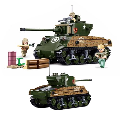 Tarcury Battle Brick WW2 M4A3 Mittlerer Panzer - 2in1 Armee Set Bausteine (715 STK) mit 3 Spielzeugsoldaten - Ideales Militärspielzeug für Kinder & Erwachsene