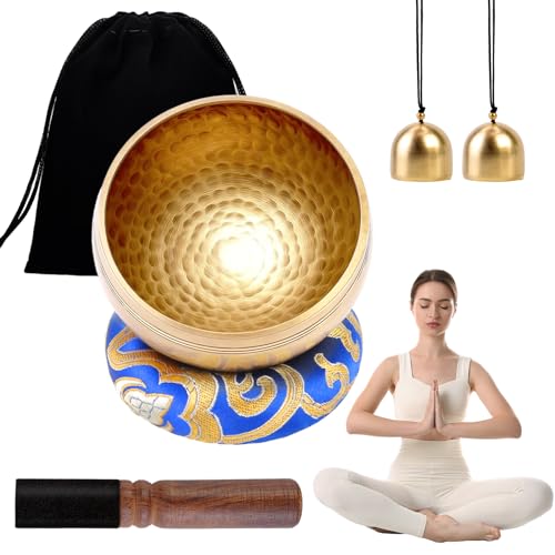 Klangschalen Set, 8CM Tibetisches Klangschalen Handgehämmertes Meditationszubehör mit Holzklöppel Klangschalenkissen und Messingglocke, Ideal für Yoga Meditation und Entspannung