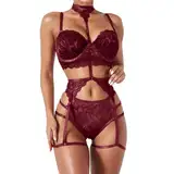 Damen Reizunterwäsche Sexy Band-Puppen-Dessous mit Strumpfgürtel Set 4(Rot,L)