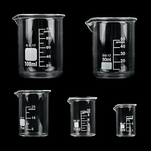 BUYGOO Becherglas Messbecher, 5ml 10ml 25ml 50ml 100ml Beaker Gläser, Becherglas mit Ausguss, Glas Messbecher Set, Labor Becherglas, Becherglas Labor, Laborglas Set, für Labor Küche usw