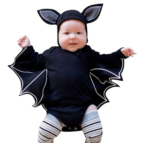 Baby Fledermauskostüm Halloween-Outfit Neugeborenes Baby Junge Mädchen Kostüm Schwarzer Fledermaus Langarm Strampler Body mit Mützen (Black, 3-6 Months)