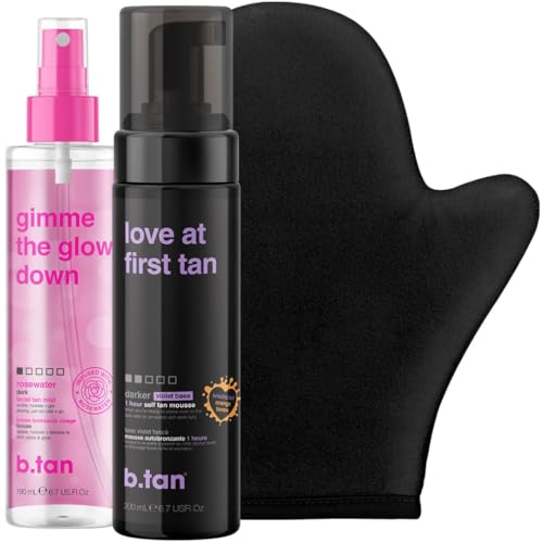 b.tan Dark & Glowy Self Tanner Kit | Lovers Bundle – Selbstbräunungs-Mousse mit Gesicht + Body Gradual Self Tan Mist mit Selbstbräuner-Handschuh-Applikator, 1 Stunde Sonnenloser Bräuner, 200 ml
