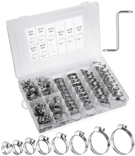 100 Stk Schlauchschellen Set, Einstellbare 8-44 mm Schlauchschelle, Edelstahl Rohrschellen Sortiment, 8 Größen Schlauchklemme für Wasserleitung, Autoleitung,Waschmaschine