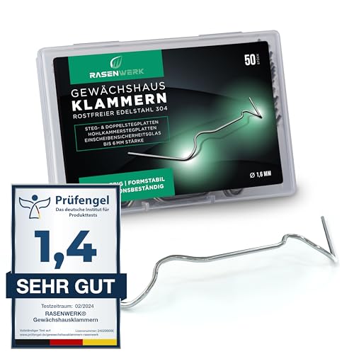 RASENWERK® - Gewächshausklammern aus 304 Edelstahl (rostfrei) - 50 Stück - Gewächshausklemmen mit hoher Spannkraft - Montageklammern für Glashaus – Gewächshaus Zubehör - 95 x 40 mm - 1,6 mm Dicke