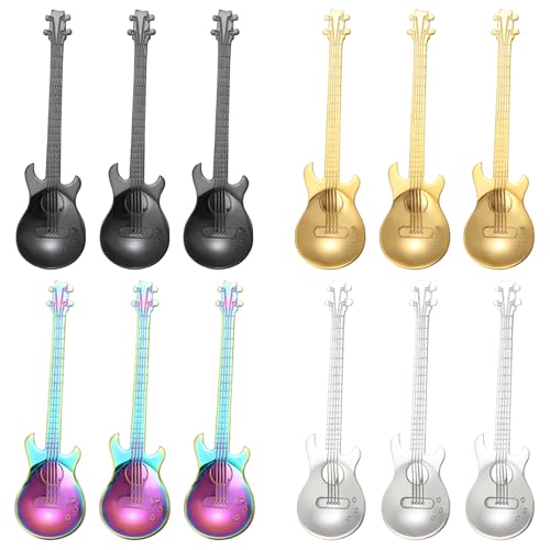 BEWOS 12 Stück mehrfarbige Teelöffel, 12cm Edelstahl hochglanzpoliert Gitarren Löffel, Heavy Metal Geschenk & Gadgets Lustig für Küche, Partys, tolles Geschenke für Gitarristen - Spülmaschinenfest