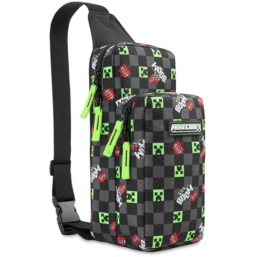 Minecraft Sling Bag Kinder, Brusttasche Umhängetasche mit Reißverschluss & Verstellbarem Gurt Geschenke für Jungs (Schwarz/Mehrfarbig)