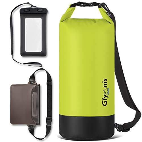 Glymnis Dry Bag wasserdichte Tasche 10L 20L Wasserdichter Packsack mit Bauchtasche und Tragegurt Waterproof für Wassersport Strand Schwimmen Bootfahren Reisen Camping (Hellgrün, 10L)