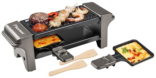 Bestron Raclette für 1 bis 2 Personen, Mini Tischgrill mit zwei Pfännchen, zwei Holzschabern & zwei Untersetzern, 350 Watt, Farbe: Titangrau