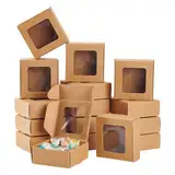 BENECREAT 36 Packungen 7.5x7.5x3 cm Braune Kraftpapierbox Mit Durchsichtigen Fenstern, Faltbare Geschenkbox Aus Papier, Leckereien, Süßigkeitenbox, Dessertbox Für Party, Hochzeit, Verpackung