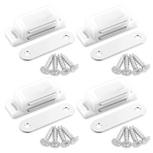 Andibro 4 Stück Schrankmagnet Riegel, weiß magnetschnäpper Türschnäpper mit 16 Schrauben einfach zu Edelstahl Türmagnet für Küchenschrank Schränke Schrank Schubladenriegel (Weiß)