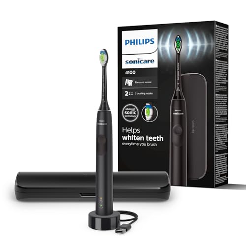 Philips Sonicare 4100 – elektrische Philips Sonicare Zahnbürste für Erwachsene mit 1 x Philips W2 Optimal White Bürstenkopf in Schwarz, schlankem Reiseetui und USB-Ladegerät (Modell HX3683/54)