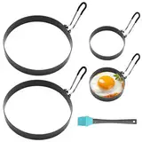 CAREDGO 4 Stk Spiegeleiformen Edelstahl Runde Eierformen 9/15 cm Pfannkuchen Form Pancake Egg Ring Omelettform Eierringe mit Klappgriffen und Ölpinsel für Spiegeleier Sandwiches Pfannkuchen Hackbraten