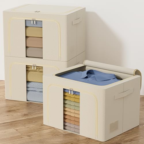 GoMaihe 3 Stück Aufbewahrungstasche mit Metallrahmen 198L - Stapelbare Aufbewahrungstasche für Bettdecken Kleidung - Faltbare Kleideraufbewahrung Box Abstellraum Kleiderschrank Organizer (Beige,66L)